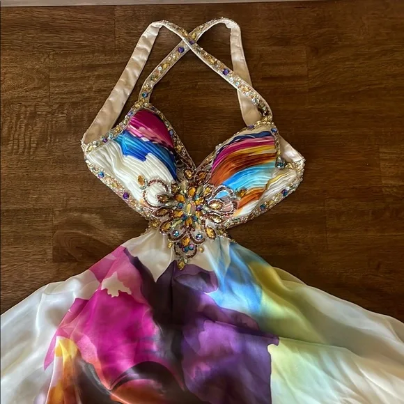 Multicolor Beaded Halter Floral Dress - Picture 1 of 7